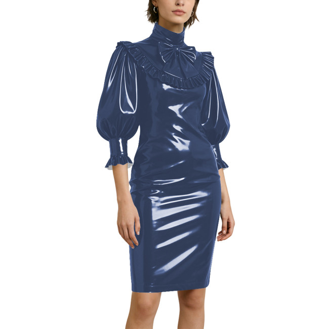 Women's Elegant Half Sleeve Pencil Dress Lockable Coctail Party Midi Pencil Dresses PVC Shiny Leather Bow Bodycon Dress Clubwear