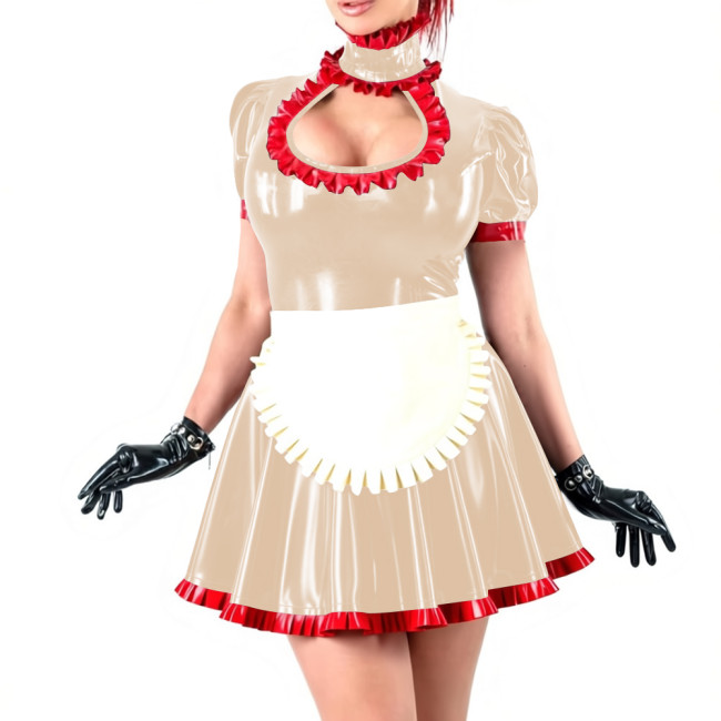Novetly Sexy Ruffle Trim Mini Dress Wetlook PVC Hollow A-line Pleated Dress with White Apron for Carnival Party Role Play Outfit