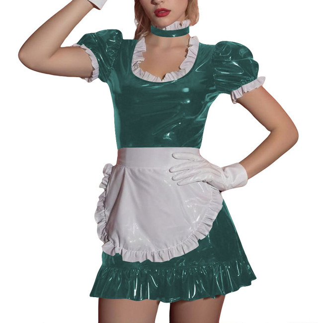 Women Sissy Ruffles Maid Uniforms Lockable French PVC Shiny Leather Maid Dress Outfits Crossdress Party Club Roleplay Costume