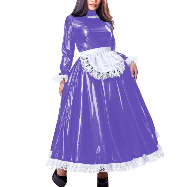 Sissy Sweet High Neck Long Sleeve Maxi Maid Dress with Lace Trim Shiny PVC Leather A-line French Maid Uniforms Halloween Cosplay