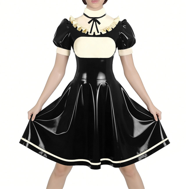 Fetish Latex-look PVC French Mid Maid Dress Puff Short Sleeve Ruffle High Collar Party A-Line Dress Halloween Cosplay Outfit