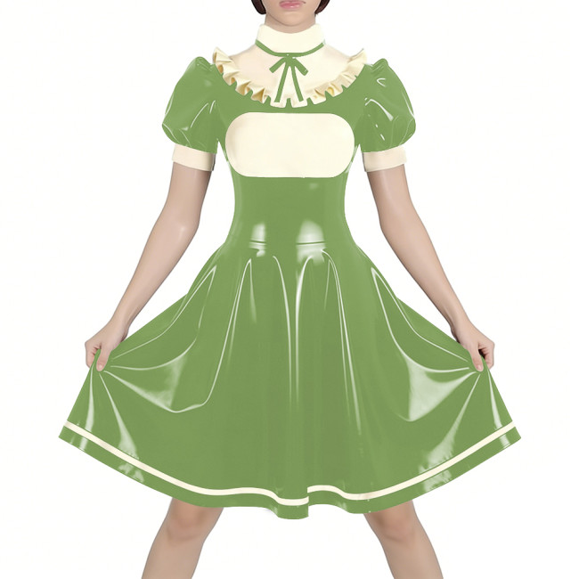 Fetish Latex-look PVC French Mid Maid Dress Puff Short Sleeve Ruffle High Collar Party A-Line Dress Halloween Cosplay Outfit