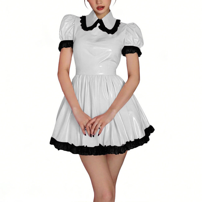 Womens Shiny PVC High Waist Pleated Mini Dress with Black Lace Trim Puff Sleeve Glossy Lolita Style Short Robe for Cosplay Party