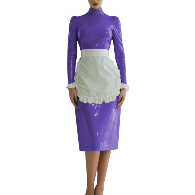 Sissy Shiny French Maid Cosplay Outfit Long Sleeve PVC Glossy Leather Knee-length Maid Dress with Apron Fetish Cosplay Costume