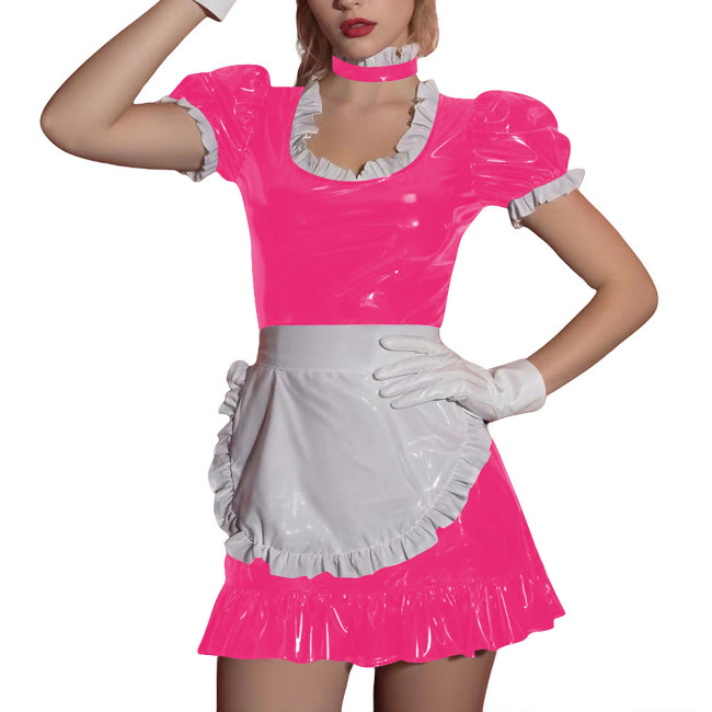 Women Sissy Ruffles Maid Uniforms Lockable French PVC Shiny Leather Maid Dress Outfits Crossdress Party Club Roleplay Costume