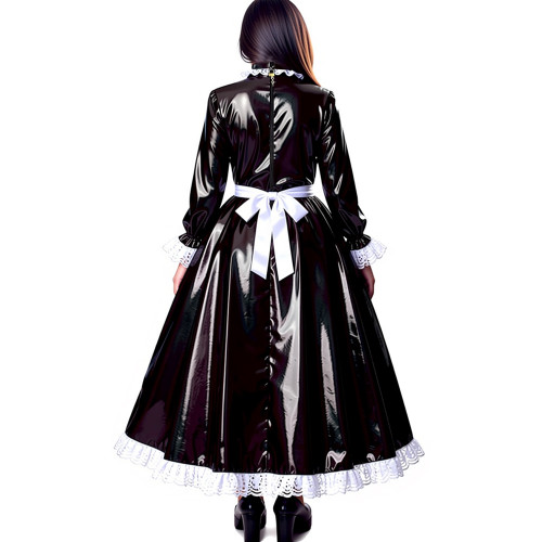 Sissy Sweet High Neck Long Sleeve Maxi Maid Dress with Lace Trim Shiny PVC Leather A-line French Maid Uniforms Halloween Cosplay
