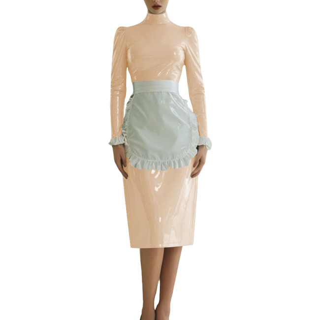 Sissy Shiny French Maid Cosplay Outfit Long Sleeve PVC Glossy Leather Knee-length Maid Dress with Apron Fetish Cosplay Costume