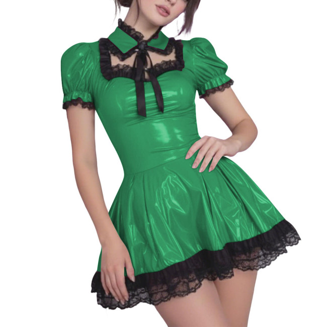 Gothic Lolita Style PVC Shiny Mini Dress with Black Lace Trim Sexy Hollow Puff Short Pleated Dress Wetlook Party Maid Outfits