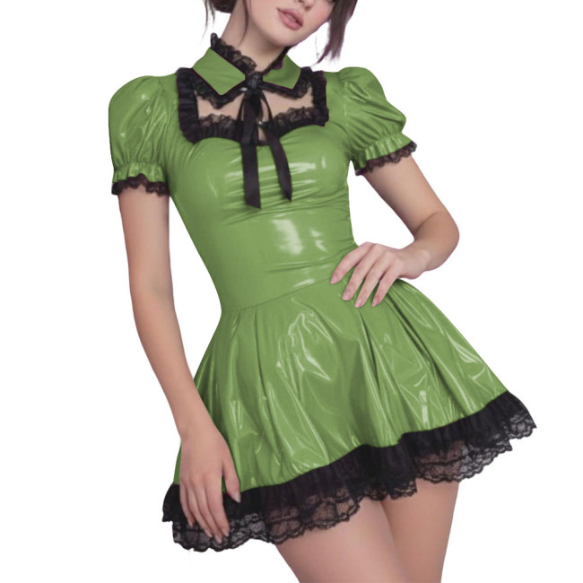 Gothic Lolita Style PVC Shiny Mini Dress with Black Lace Trim Sexy Hollow Puff Short Pleated Dress Wetlook Party Maid Outfits