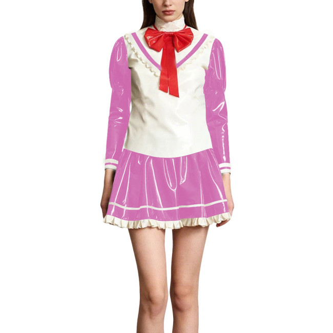 Kawaii Lolita Style Shiny PVC Sailor Dress Outfits Patchwork Long Sleeve Back Zip Bow Top Pleated Mini Skirt Halloween Cosplay