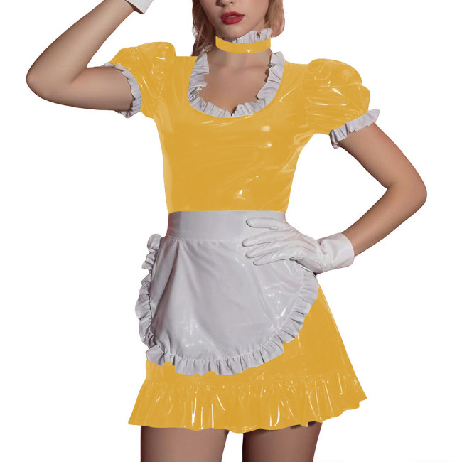 Women Sissy Ruffles Maid Uniforms Lockable French PVC Shiny Leather Maid Dress Outfits Crossdress Party Club Roleplay Costume