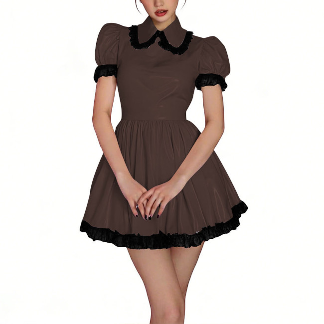 Womens Shiny PVC High Waist Pleated Mini Dress with Black Lace Trim Puff Sleeve Glossy Lolita Style Short Robe for Cosplay Party