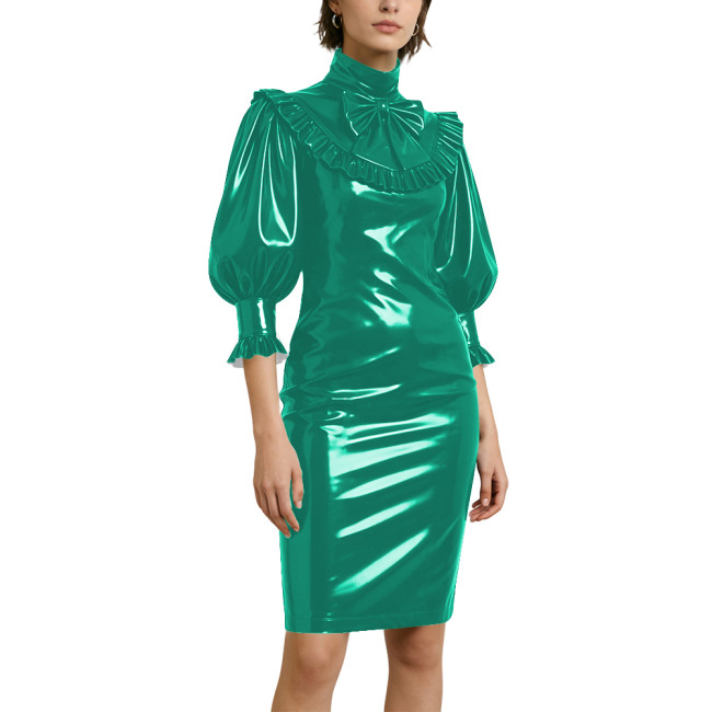 Women's Elegant Half Sleeve Pencil Dress Lockable Coctail Party Midi Pencil Dresses PVC Shiny Leather Bow Bodycon Dress Clubwear