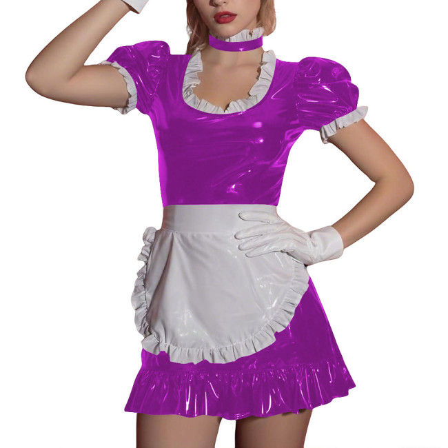 Women Sissy Ruffles Maid Uniforms Lockable French PVC Shiny Leather Maid Dress Outfits Crossdress Party Club Roleplay Costume