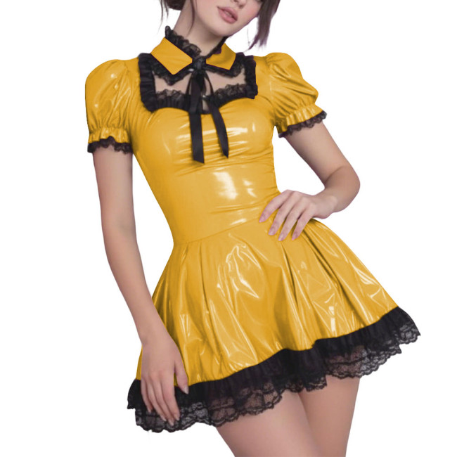 Gothic Lolita Style PVC Shiny Mini Dress with Black Lace Trim Sexy Hollow Puff Short Pleated Dress Wetlook Party Maid Outfits