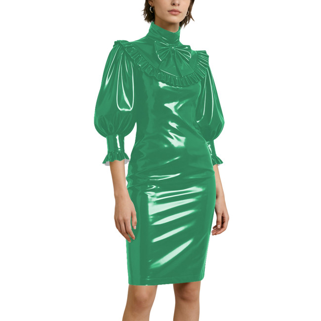 Women's Elegant Half Sleeve Pencil Dress Lockable Coctail Party Midi Pencil Dresses PVC Shiny Leather Bow Bodycon Dress Clubwear