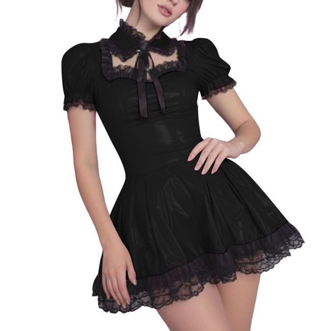 Gothic Lolita Style PVC Shiny Mini Dress with Black Lace Trim Sexy Hollow Puff Short Pleated Dress Wetlook Party Maid Outfits
