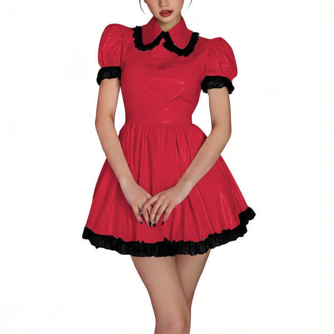 Womens Shiny PVC High Waist Pleated Mini Dress with Black Lace Trim Puff Sleeve Glossy Lolita Style Short Robe for Cosplay Party