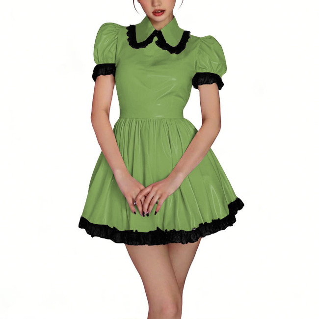 Womens Shiny PVC High Waist Pleated Mini Dress with Black Lace Trim Puff Sleeve Glossy Lolita Style Short Robe for Cosplay Party