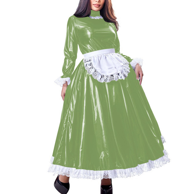 Sissy Sweet High Neck Long Sleeve Maxi Maid Dress with Lace Trim Shiny PVC Leather A-line French Maid Uniforms Halloween Cosplay