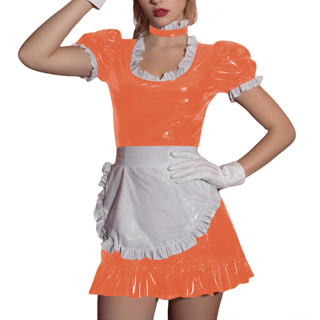 Women Sissy Ruffles Maid Uniforms Lockable French PVC Shiny Leather Maid Dress Outfits Crossdress Party Club Roleplay Costume