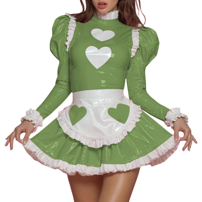 Womens Sissy Sweet PVC Shiny Leather Maid Uniform Heart Print Puff Long Sleeve Ruffle Trim Mini Dress Apron Set Role Play Outfit