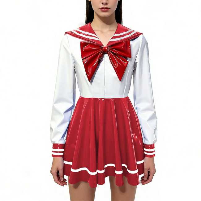 Shiny Preppy Sailor Style Mini Pleated Dress Womens Long Sleeves PVC Leather High Waist A-line Dress with Bow Cosplay Costume