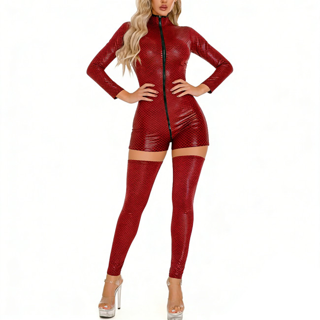 Women's Sexy Club 2 Piece Outfit Long Sleeve High Neck Front Zipper Romper with Detachable Leggings for Party Clubwear Role Play