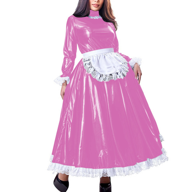 Sissy Sweet High Neck Long Sleeve Maxi Maid Dress with Lace Trim Shiny PVC Leather A-line French Maid Uniforms Halloween Cosplay