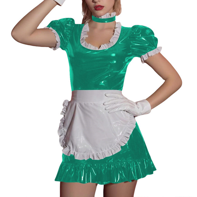 Women Sissy Ruffles Maid Uniforms Lockable French PVC Shiny Leather Maid Dress Outfits Crossdress Party Club Roleplay Costume
