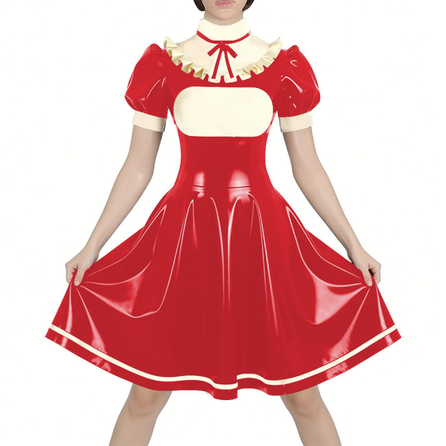 Fetish Latex-look PVC French Mid Maid Dress Puff Short Sleeve Ruffle High Collar Party A-Line Dress Halloween Cosplay Outfit