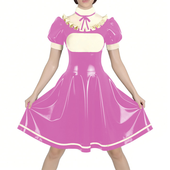 Fetish Latex-look PVC French Mid Maid Dress Puff Short Sleeve Ruffle High Collar Party A-Line Dress Halloween Cosplay Outfit