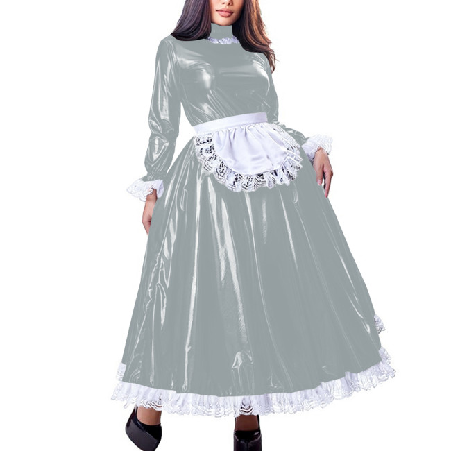 Sissy Sweet High Neck Long Sleeve Maxi Maid Dress with Lace Trim Shiny PVC Leather A-line French Maid Uniforms Halloween Cosplay