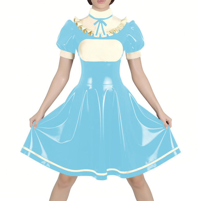 Fetish Latex-look PVC French Mid Maid Dress Puff Short Sleeve Ruffle High Collar Party A-Line Dress Halloween Cosplay Outfit