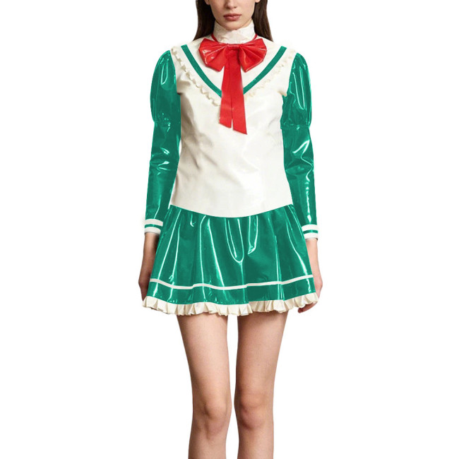 Kawaii Lolita Style Shiny PVC Sailor Dress Outfits Patchwork Long Sleeve Back Zip Bow Top Pleated Mini Skirt Halloween Cosplay