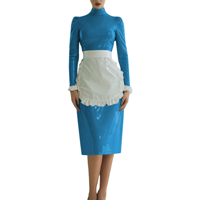 Sissy Shiny French Maid Cosplay Outfit Long Sleeve PVC Glossy Leather Knee-length Maid Dress with Apron Fetish Cosplay Costume