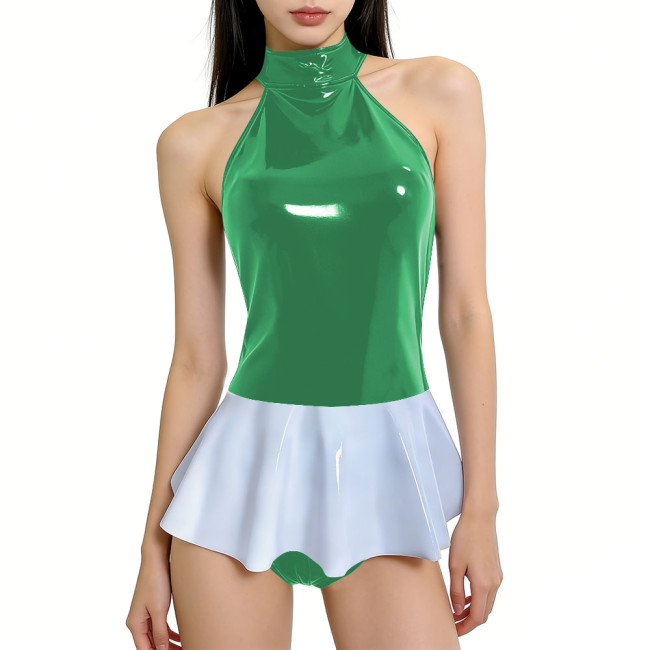 Sexy PVC Patent Leather Ruffles Bodysuit Club Halter Backless Glossy One-Piece Leotard Womens Clothing Party Sleeveless Rompers