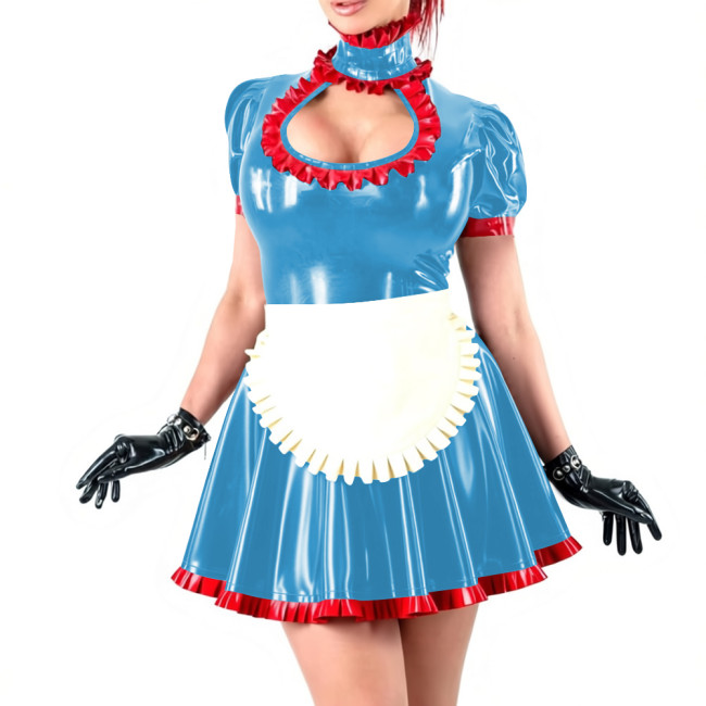 Novetly Sexy Ruffle Trim Mini Dress Wetlook PVC Hollow A-line Pleated Dress with White Apron for Carnival Party Role Play Outfit