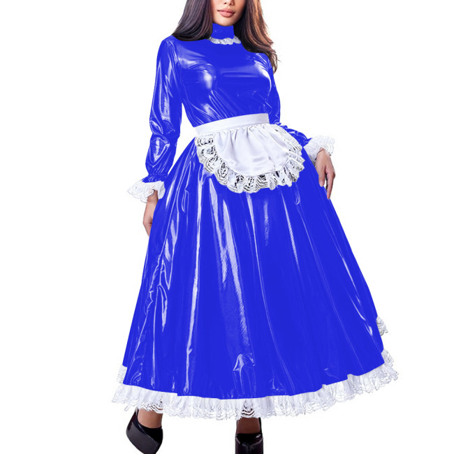 Sissy Sweet High Neck Long Sleeve Maxi Maid Dress with Lace Trim Shiny PVC Leather A-line French Maid Uniforms Halloween Cosplay
