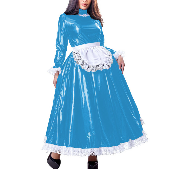 Sissy Sweet High Neck Long Sleeve Maxi Maid Dress with Lace Trim Shiny PVC Leather A-line French Maid Uniforms Halloween Cosplay