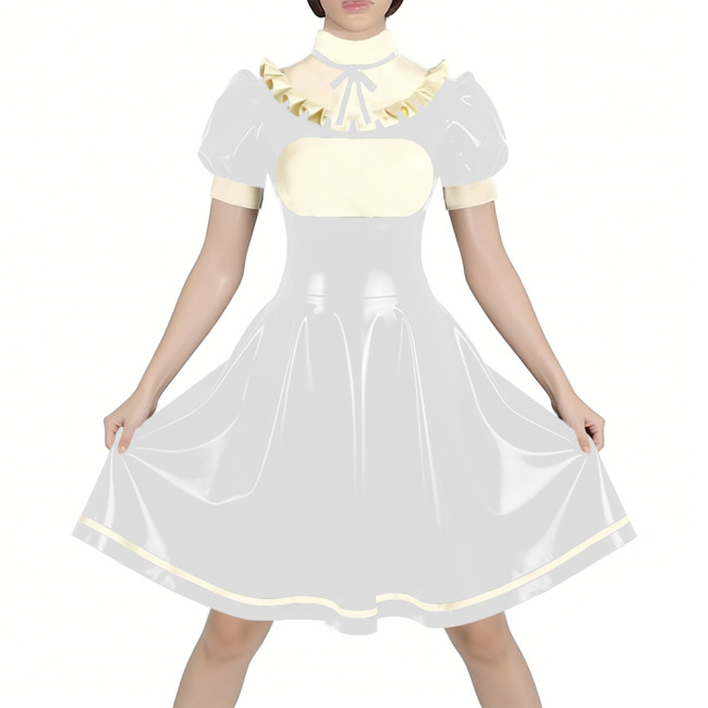 Fetish Latex-look PVC French Mid Maid Dress Puff Short Sleeve Ruffle High Collar Party A-Line Dress Halloween Cosplay Outfit