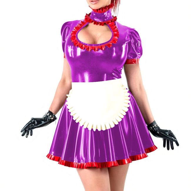 Novetly Sexy Ruffle Trim Mini Dress Wetlook PVC Hollow A-line Pleated Dress with White Apron for Carnival Party Role Play Outfit