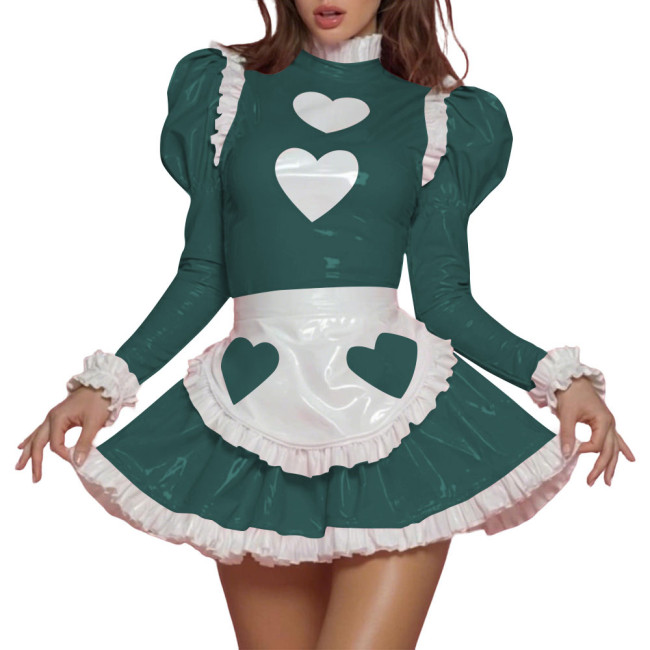 Womens Sissy Sweet PVC Shiny Leather Maid Uniform Heart Print Puff Long Sleeve Ruffle Trim Mini Dress Apron Set Role Play Outfit