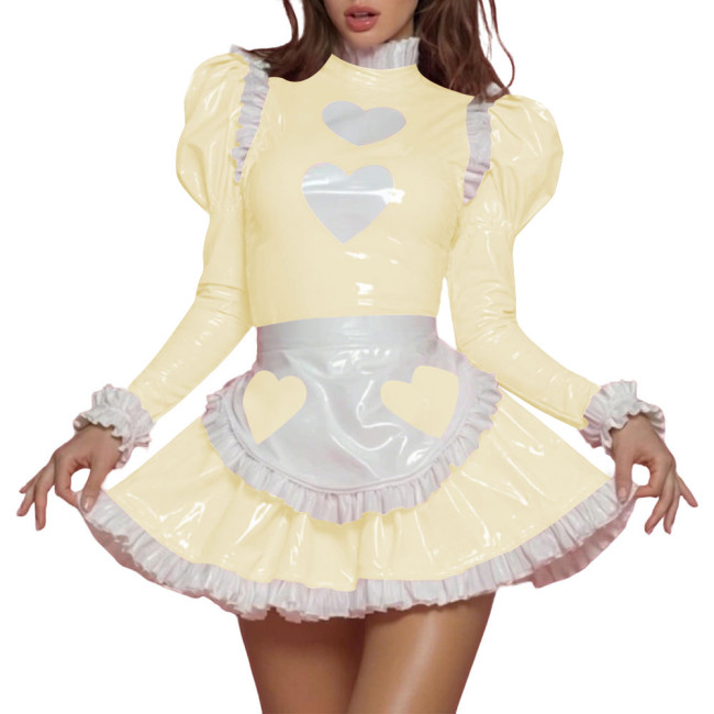 Womens Sissy Sweet PVC Shiny Leather Maid Uniform Heart Print Puff Long Sleeve Ruffle Trim Mini Dress Apron Set Role Play Outfit