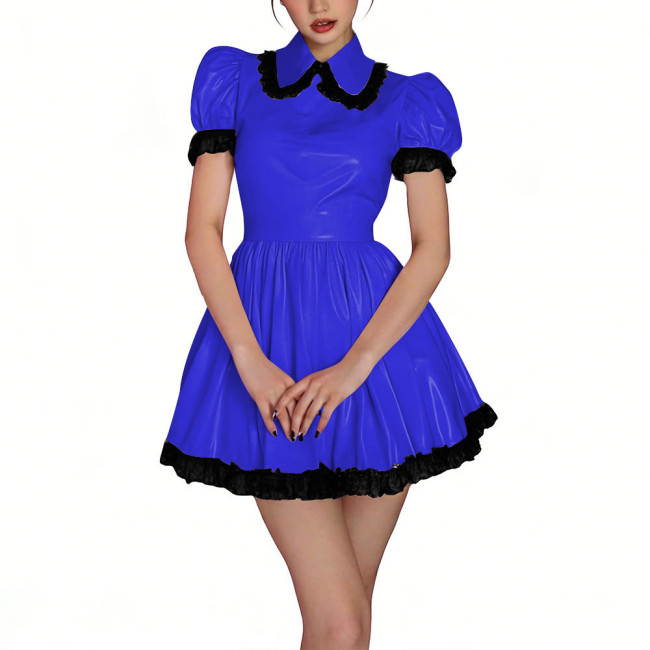 Womens Shiny PVC High Waist Pleated Mini Dress with Black Lace Trim Puff Sleeve Glossy Lolita Style Short Robe for Cosplay Party