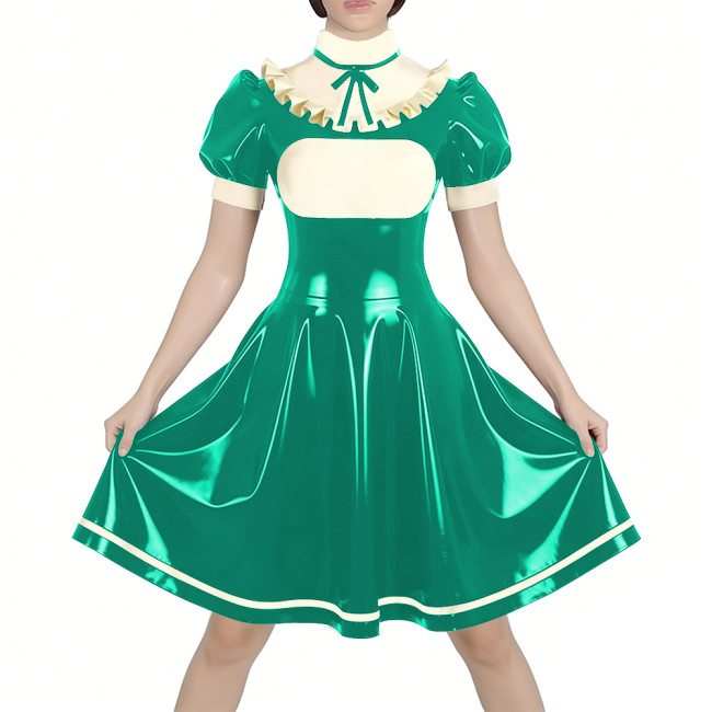 Fetish Latex-look PVC French Mid Maid Dress Puff Short Sleeve Ruffle High Collar Party A-Line Dress Halloween Cosplay Outfit