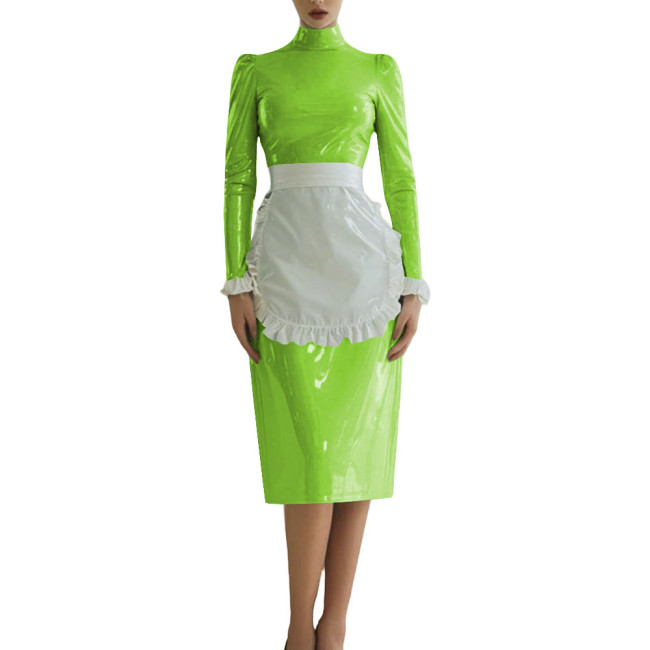 Sissy Shiny French Maid Cosplay Outfit Long Sleeve PVC Glossy Leather Knee-length Maid Dress with Apron Fetish Cosplay Costume