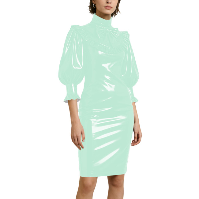 Women's Elegant Half Sleeve Pencil Dress Lockable Coctail Party Midi Pencil Dresses PVC Shiny Leather Bow Bodycon Dress Clubwear