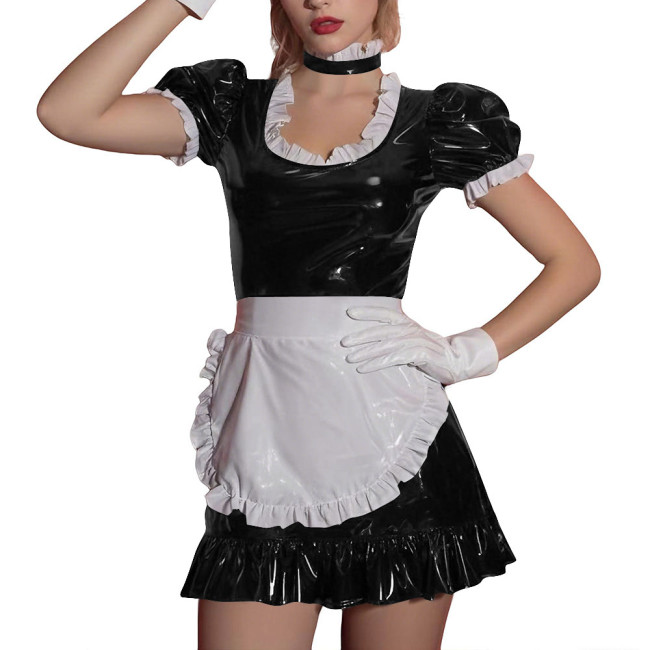 Women Sissy Ruffles Maid Uniforms Lockable French PVC Shiny Leather Maid Dress Outfits Crossdress Party Club Roleplay Costume