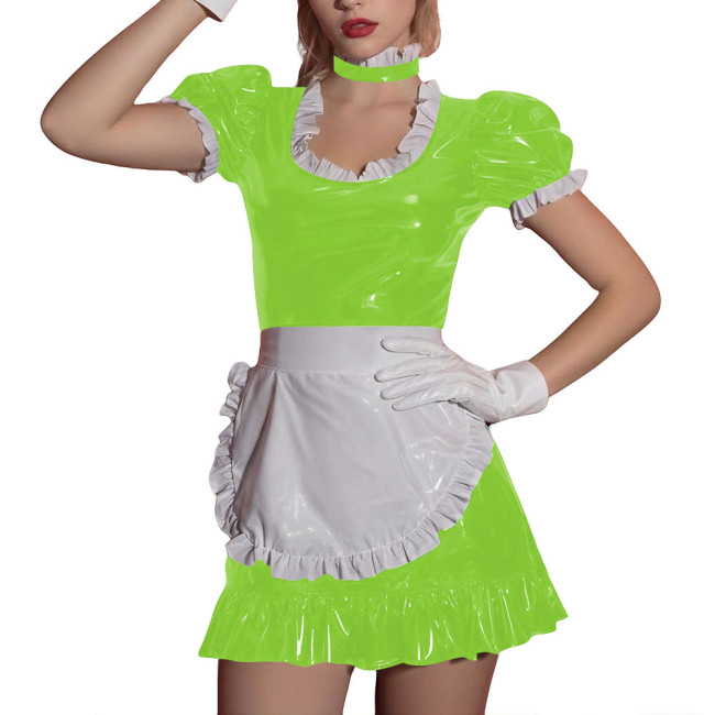 Women Sissy Ruffles Maid Uniforms Lockable French PVC Shiny Leather Maid Dress Outfits Crossdress Party Club Roleplay Costume